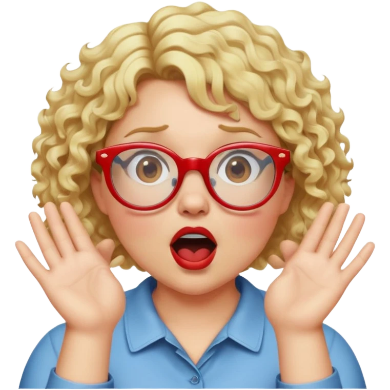 Blonde woman with short curly hair, slightly overweight, wearing red-framed glasses, shouting with hands on both sides of her mouth emoji
