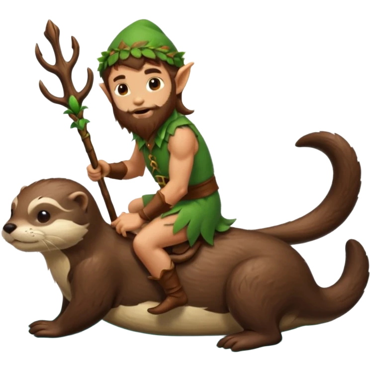 tiny forest elf man long brown hair beard riding an otter emoji