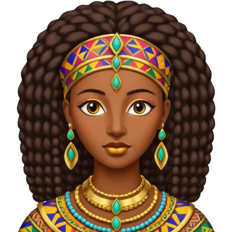 Create me an emoji of a beautiful Ethiopian Queen of Sheba wearing a colorful African patterns. emoji