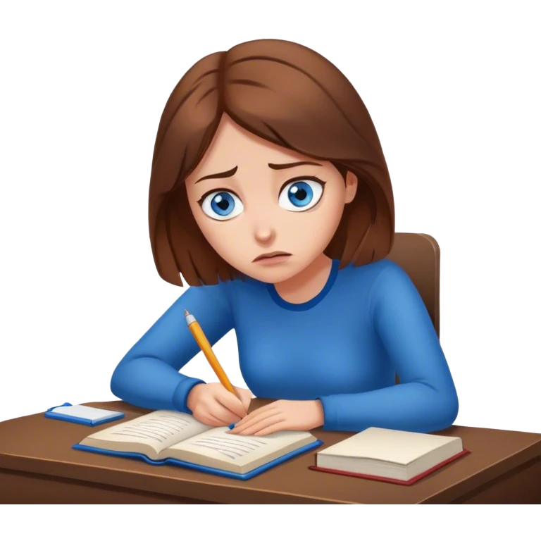 female writer, romantic, with brown hair, fair skin and blue eyes writing a book with a worried face emoji