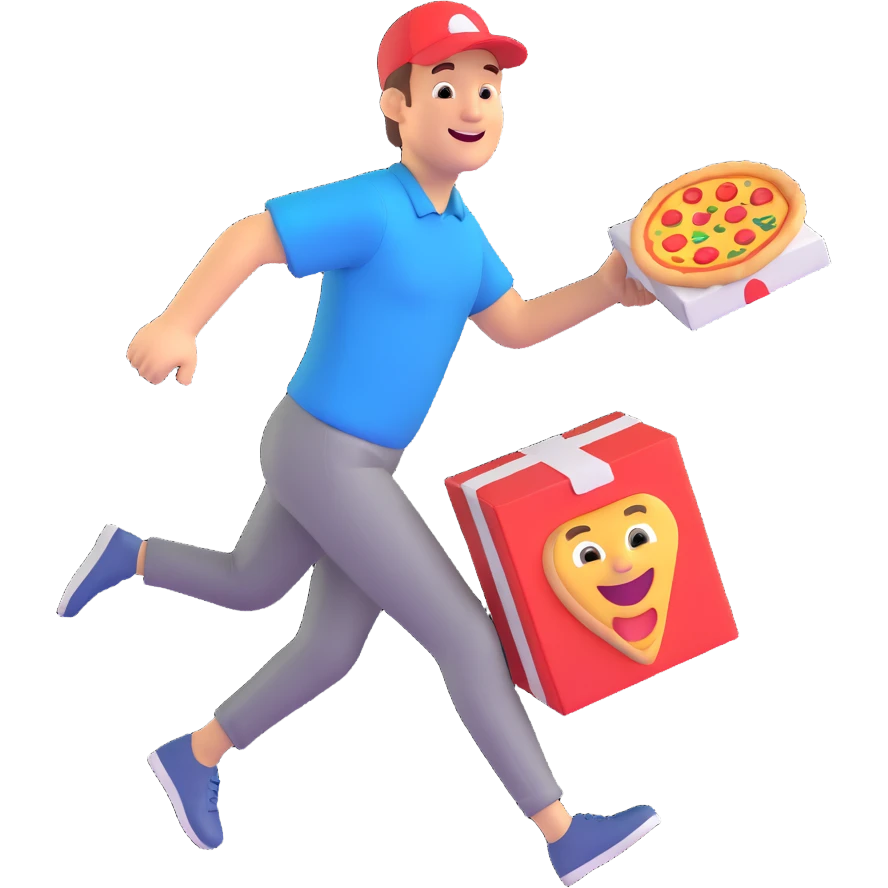a man running with a pizza box in his hands, smiling, 3D cartoon style, bright colors emoji
