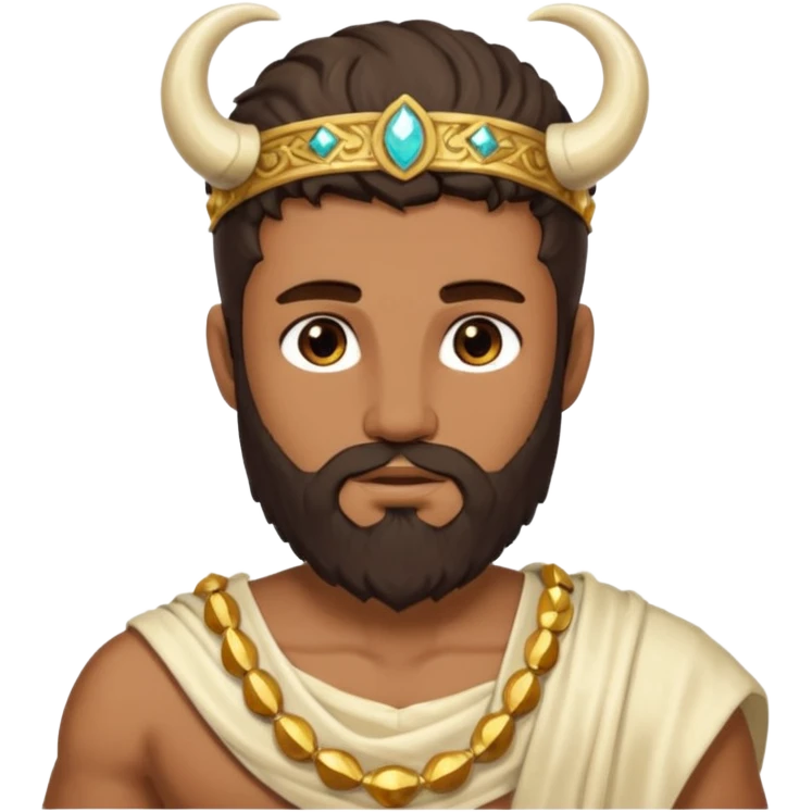 Faunus, God from Nature Roman Deities with long dark brown hair and beard, tan sequin toga, ivory horn emoji