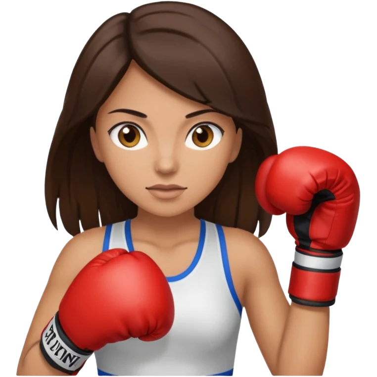 An woman with long dark brown hair light brown eyes in boxing gloves emoji