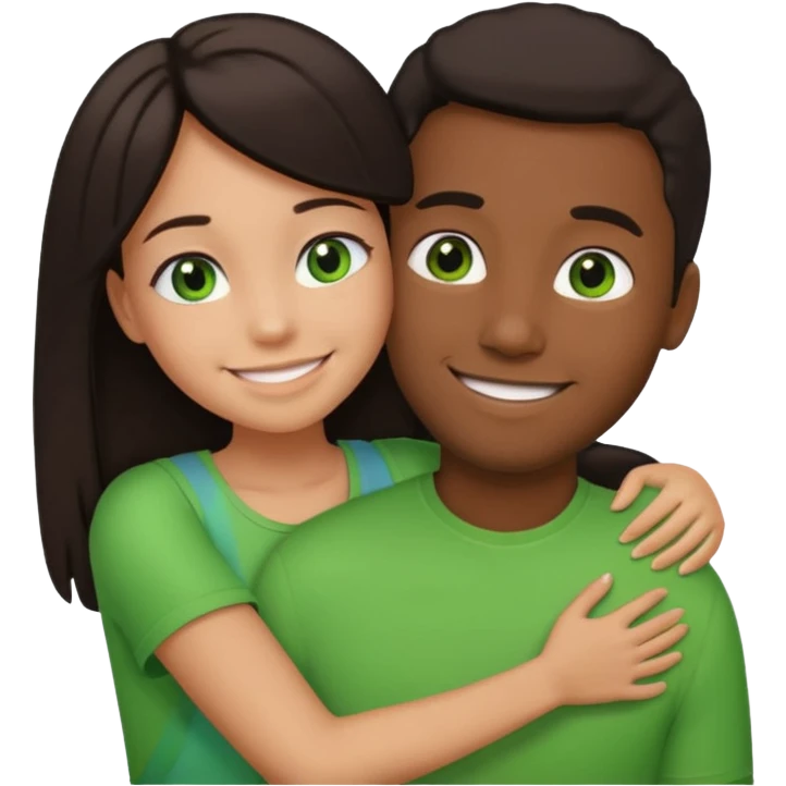 black guy with a girl with dark hair and green eyes in a side hug, emoji style emoji