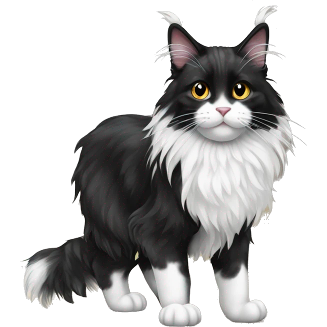 A black and white Maine Coon cat stands on the floor emoji