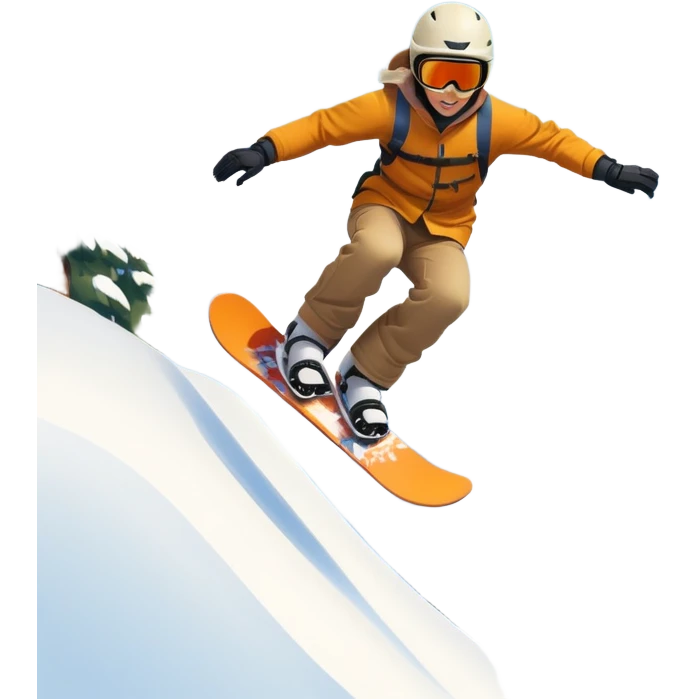 An icon showing a snowboarder performing an exciting jump on a snow-covered slope. The background features towering mountains, snow-covered trees, and a bright, clear sky. Transparent background highlights the speed, agility, and thrill of snowboarding. emoji