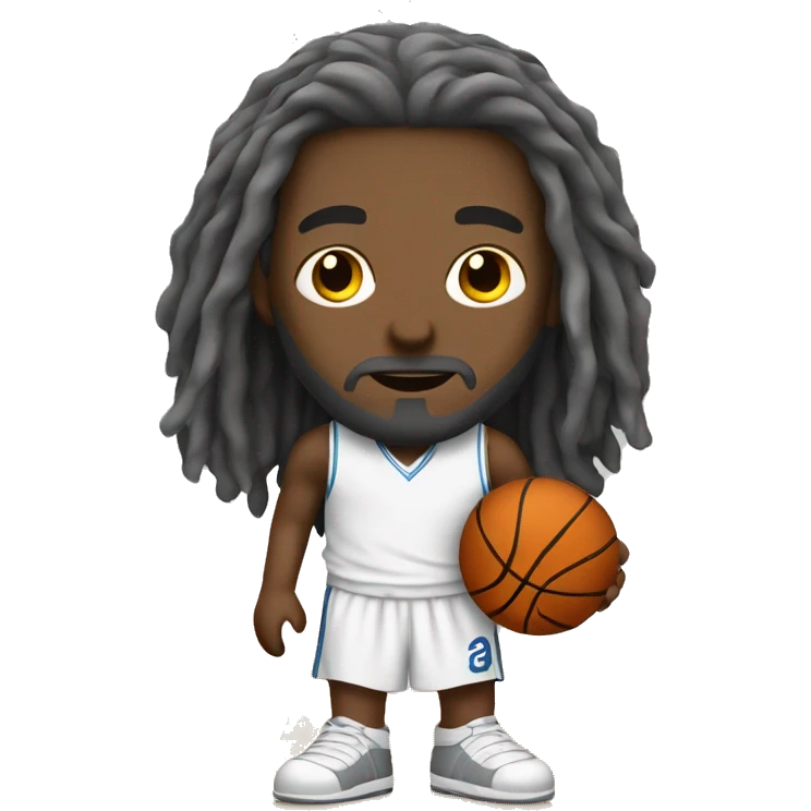 Jesus playing basketball with gray dreadlock hair and dark brown eyes emoji