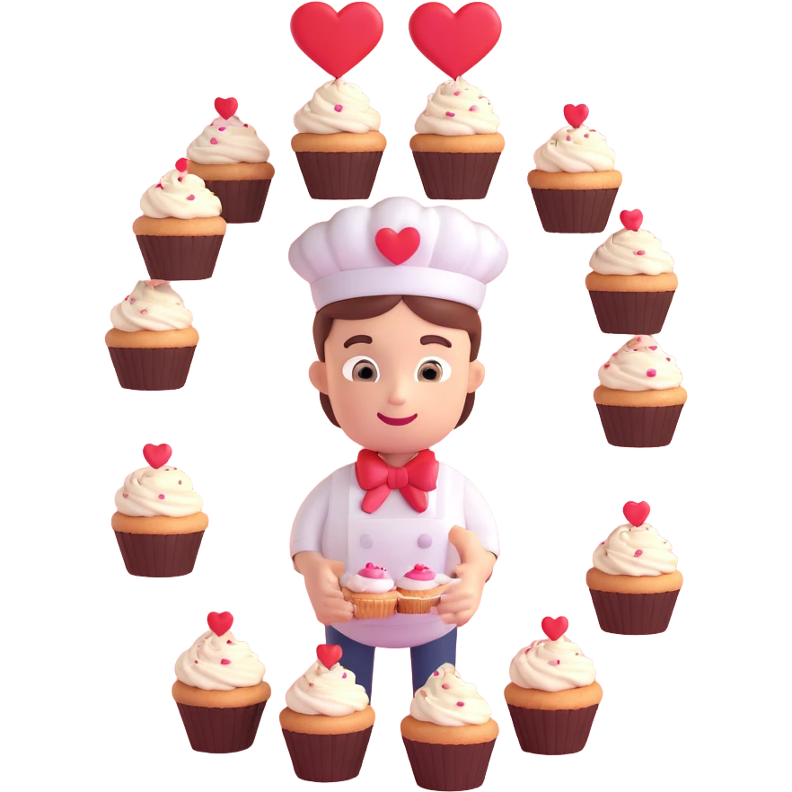 baker surrounded by cupcakes with heart above head emoji emoji