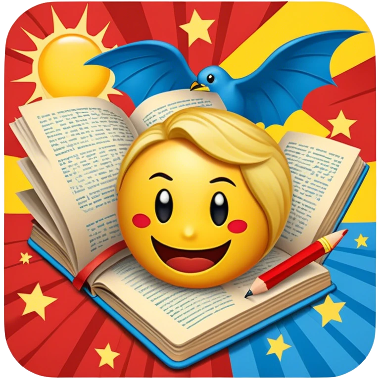 Create a vibrant emoji representing comic books and graphic novels as an art form. The design should feature a large, open comic book with vintage comic panels on the pages. Include a pencil (without a hand) gently writing text or sketching on the pages. The comic panels should have bold lines and retro-style artwork with classic comic book visuals. Use bright, energetic colors like red, yellow, and blue to evoke excitement and creativity. The overall design should feel dynamic, vintage, and artistic. Make the background transparent. emoji