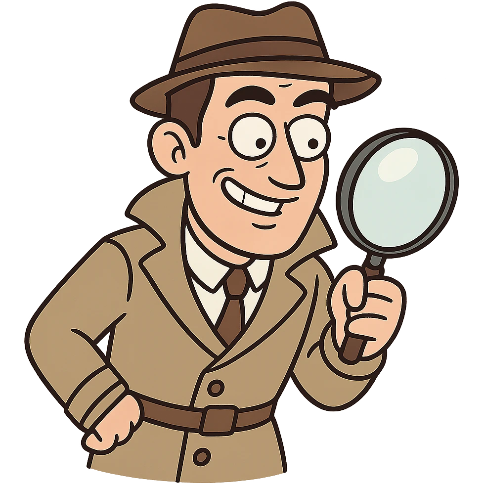 detective man with magnifying glass, raised eyebrows, smiling, comic style emoji