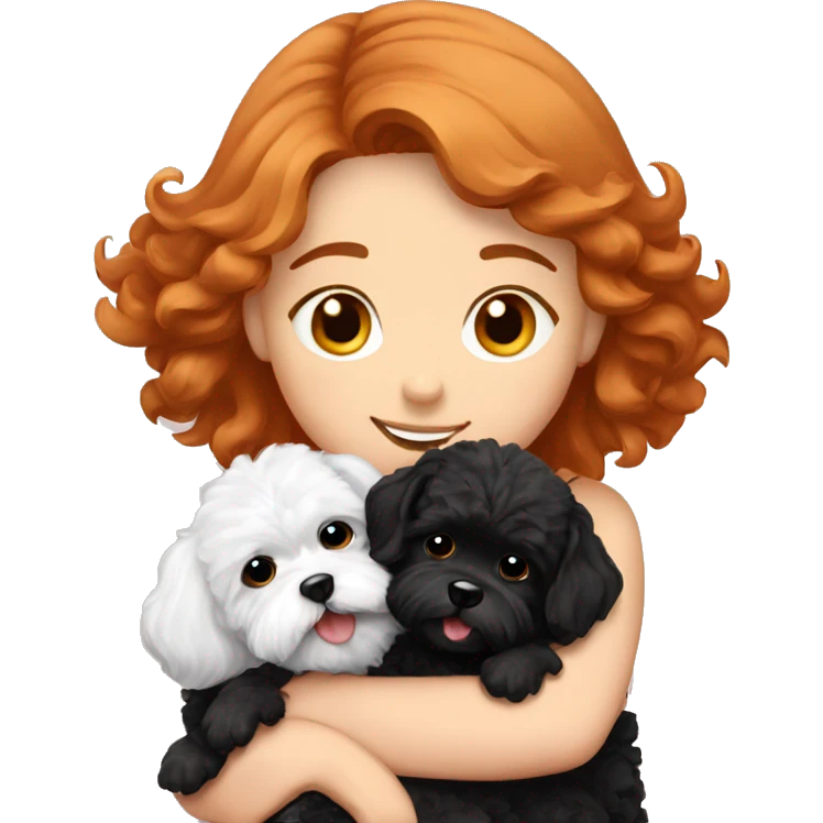 red haired girl hugging her black and white Maltipoo-dogs emoji