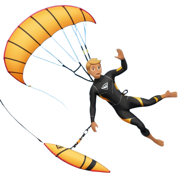 Kiter man con neopreno negro largo en el mar con una cometa kite surf de 18 metros,haciendo kite surf y el truco downloop emoji