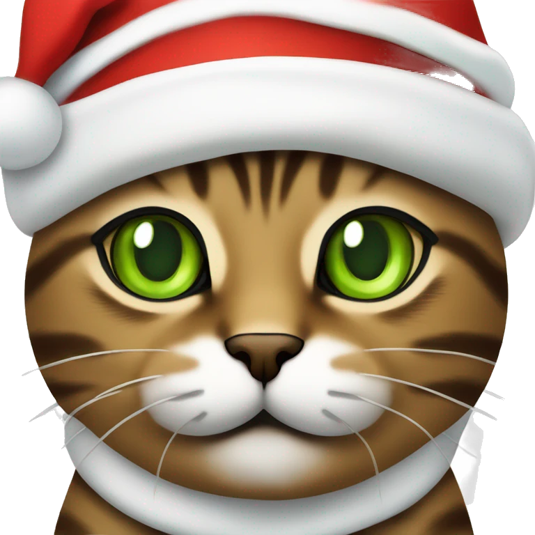 Brown tabby cat with green eyes wearing a Santa hat emoji