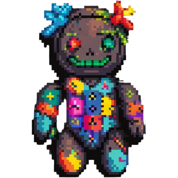 A colorful pixelated voodoo doll with bright fabric patches in different colors, button eyes, and colorful pins emoji