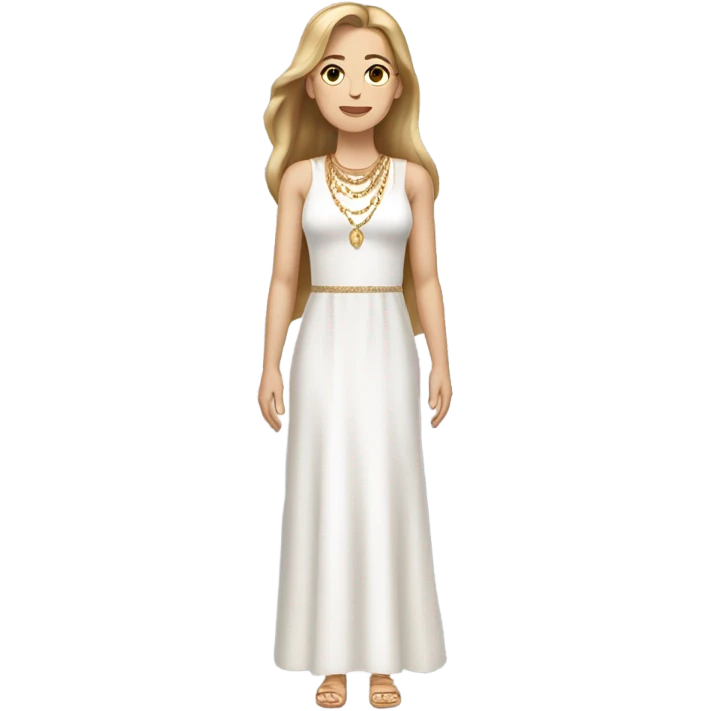 do one white woman with long straight light brown  hair with dark eyes gold jewelry full body, and a white dress emoji