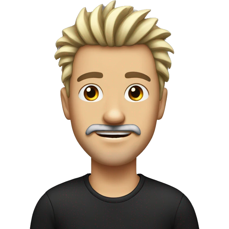 White man, with happy expression, with spiked hair, nose piercing, brown eyes, mustache and goatee, black t-shirt emoji