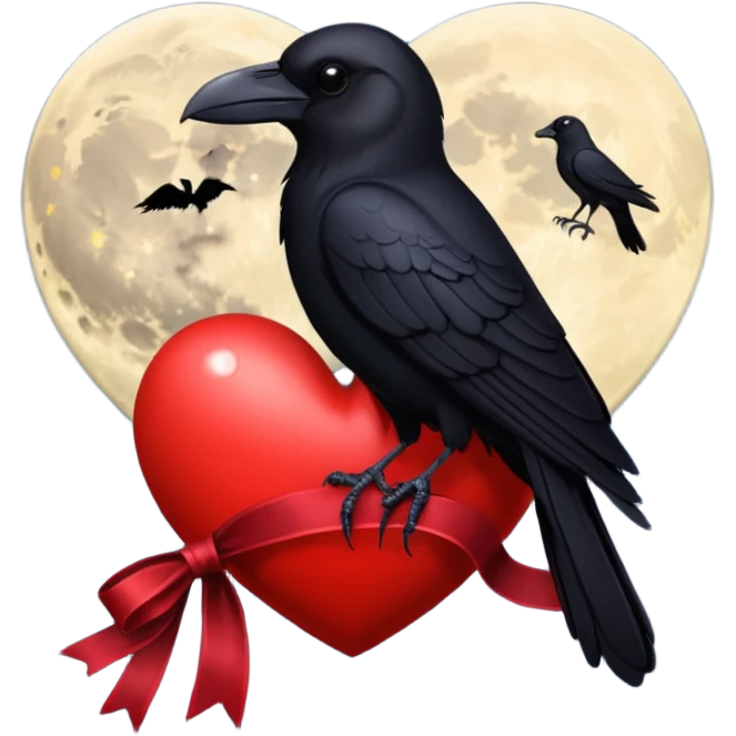 red heart with a black raven, moon, and velvet ribbon, dark romance emoji