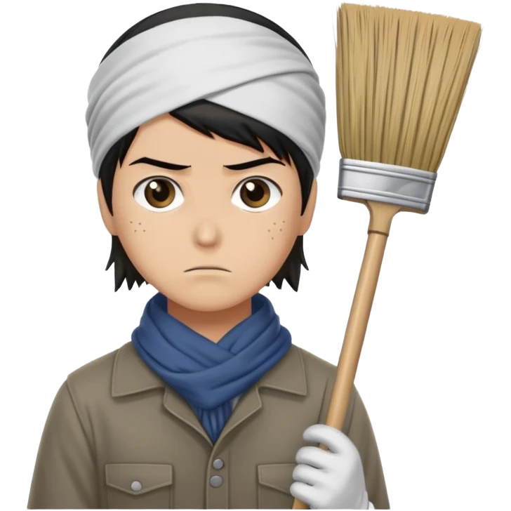 Levi Ackerman cleaning with bandana over hair, gloves, holding broom, annoyed expression emoji