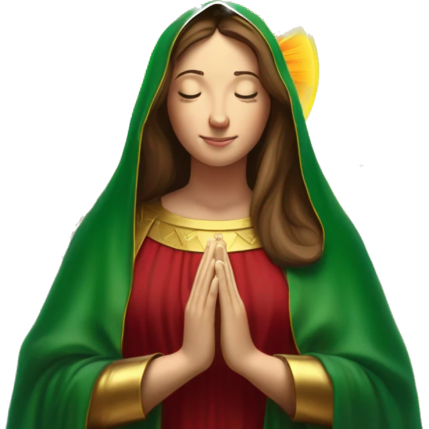 Virgin Mary: kind face looking down at the left, long brown hair, Wearing an emerald green  robe with gold stars and a burgundy red dress,  Hands in prayer or blessing. Halo around her head. standing in front of a big sun. colorful roses on the sides  emoji