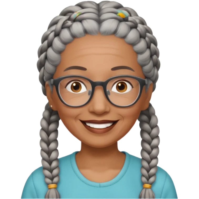 Older woman of color with gray braids, glasses and smiling emoji