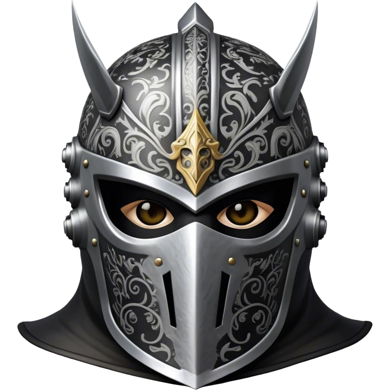 A masked man knight with intricate black engravings on his steel helmet, eyes glowing with fury emoji