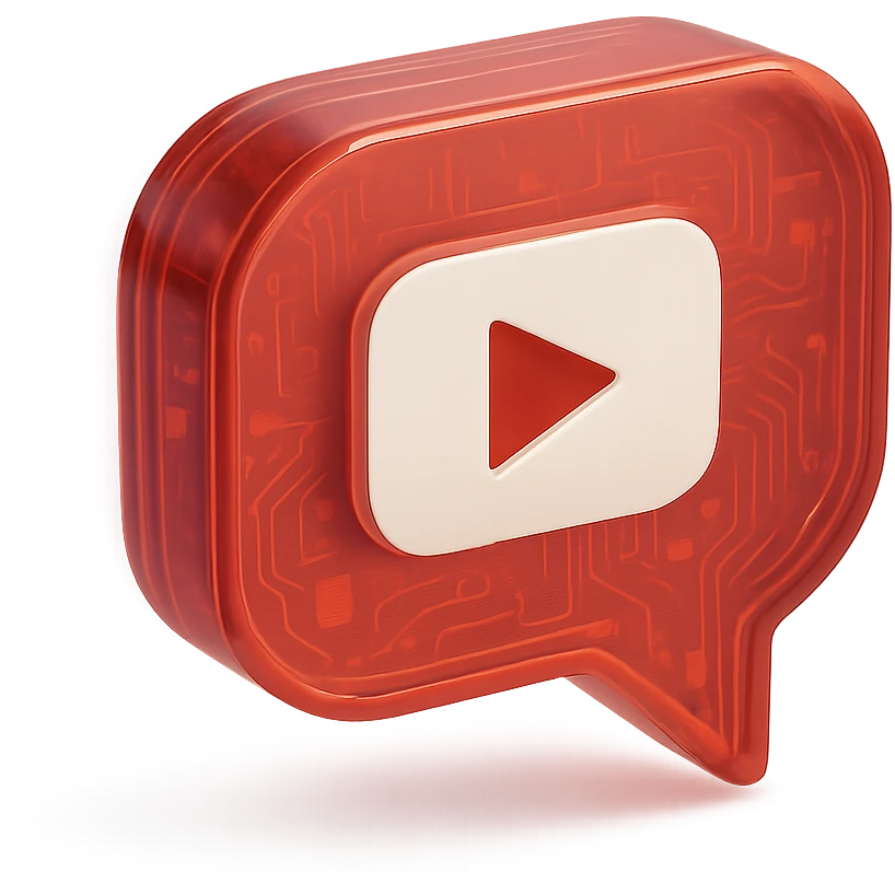 red opacity 0.6 speech bubble with inside a big red YouTube white play button, very glossy circuit style emoji