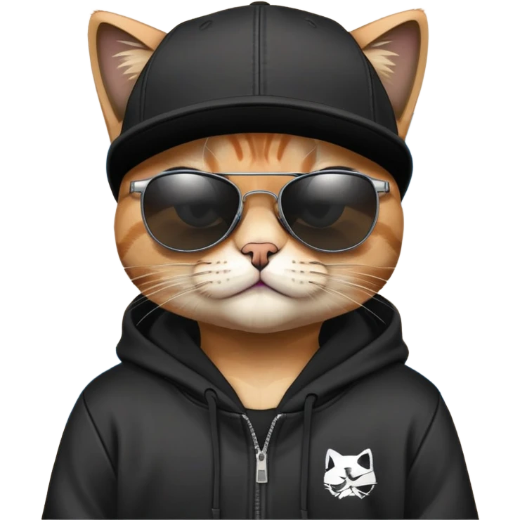 cat wearing a black snapback cap and black hoodie, with black sunglasses positioned low on his nose, looking directly at the viewer over the top of his sunglasses with a cool expression, doing graffiti with spray paint emoji