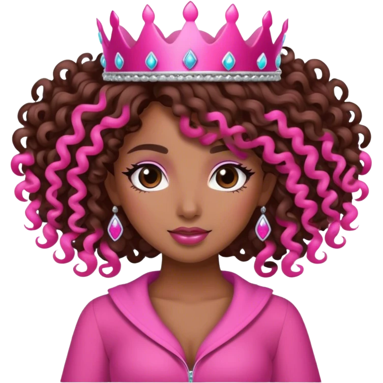 Brown girl diva long curly hair with pink crown emoji