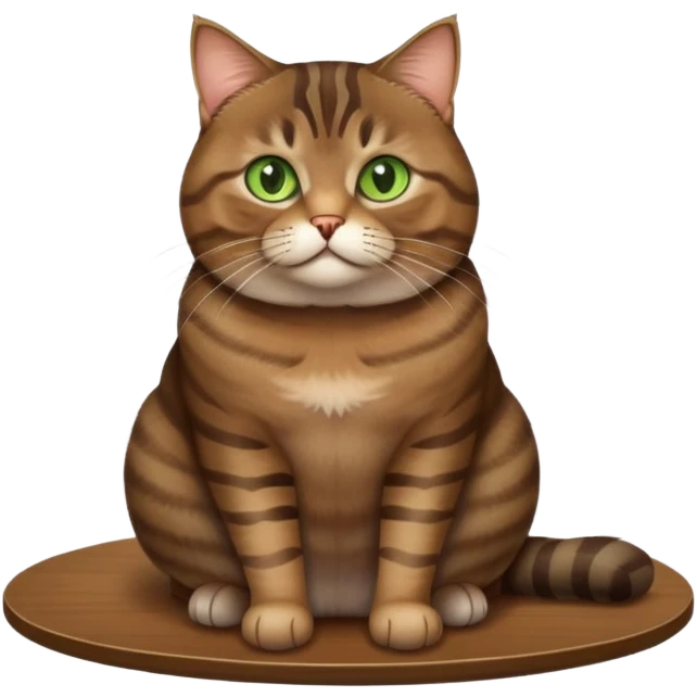 A fat brown tabby cat with green eyes sitting on a table emoji