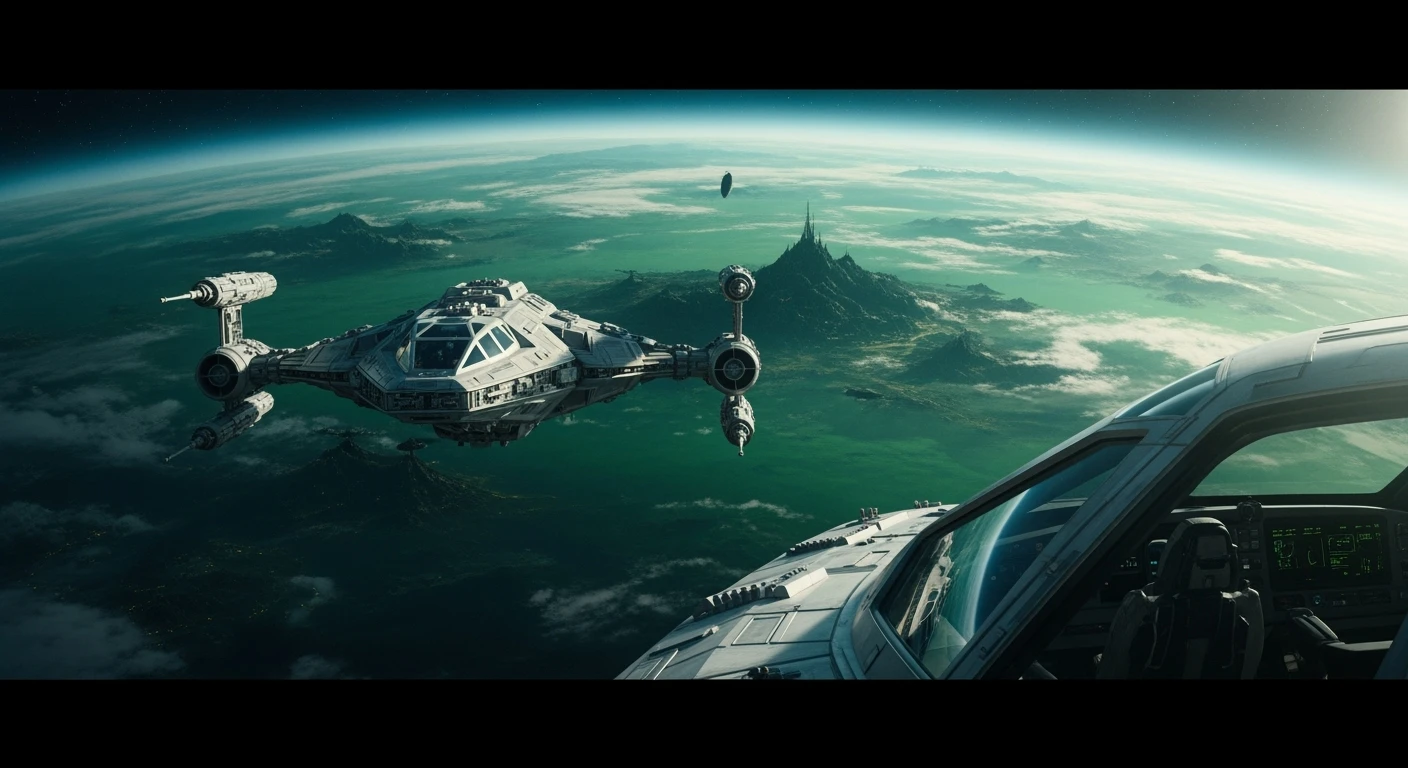 cinematic still, starship, green planet in distance, inspired by StarWars movie, captured by arri alexa  emoji