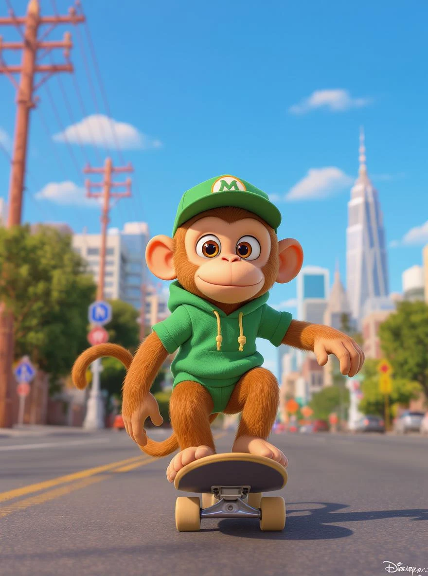 Disney style Cinematic still scane, Low angle shot, monkey dress in green outfit, monkey ride on skateboard, san francisno downtown with city lanscape, blue clean sky, captured by ARRI Alexa XT, soft cinematic lightning, back light, inspired by ToyStory 4 emoji