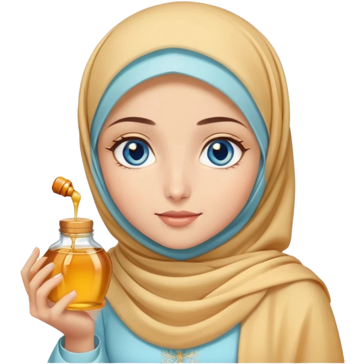 Turkish beautiful finish Konya girl blue eyes with honey pastel hijab islamic dress and had on her hand honey emoji
