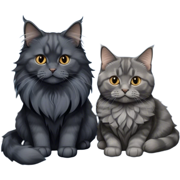 Portrait of a black smoke Maine Coon cat with long grey ear tufts, alongside a British Shorthair cat with a solid blue coat on sofa. Both cats with detailed fur textures and playful expressions. Soft, elegant background of room with warm, natural tones. Transparent background. emoji