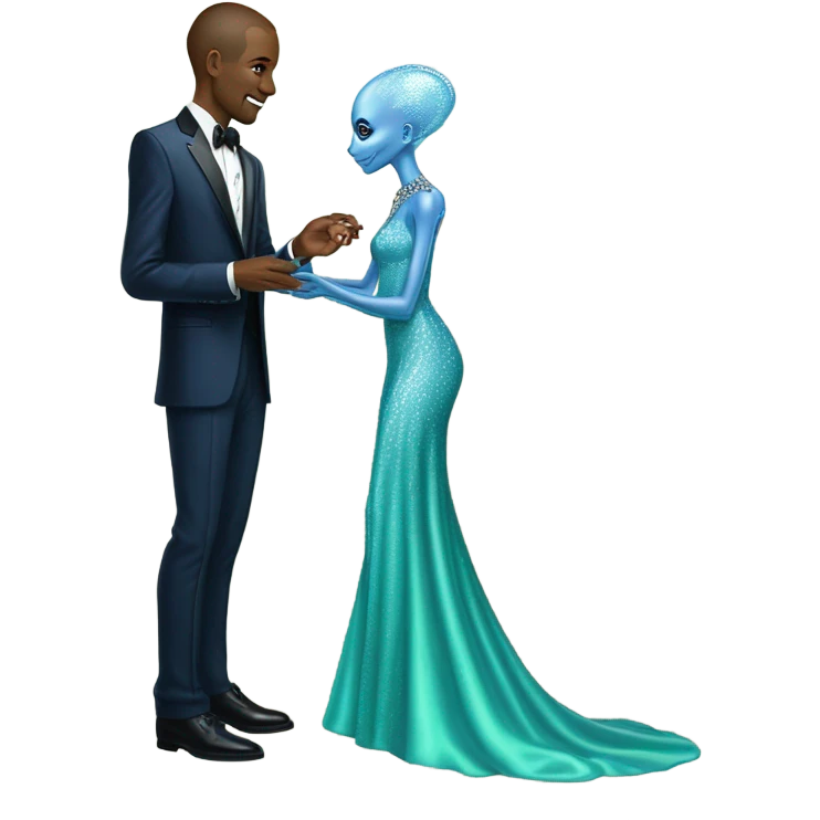 alien reptilian green skin woman, in long slim pastel blue formal party satin dress with gradient shiny sparkling navy blue diamonds embroidered , and caucasian man in black dres on his knees asks her to marry her emoji