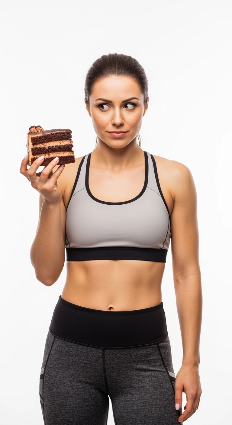 donna fitness con una fetta di torta in mano ed espressione dubbiosa, sfondo bianco emoji