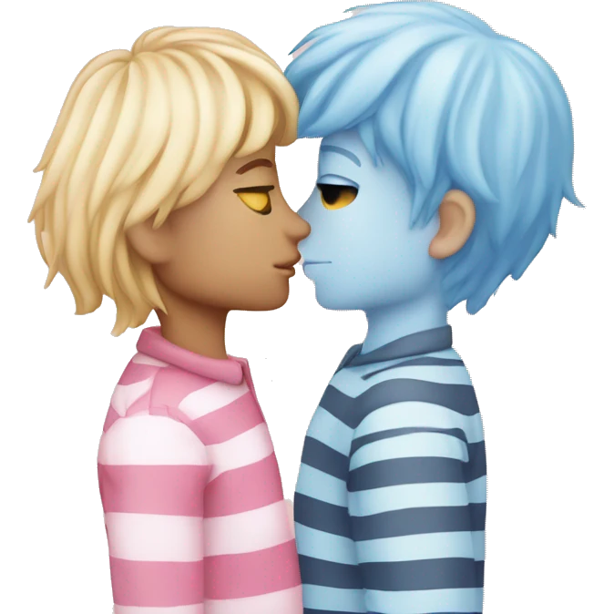 Kissing men, boy withlong blonde hair kissing a pale blue striped face pink hair man emoji