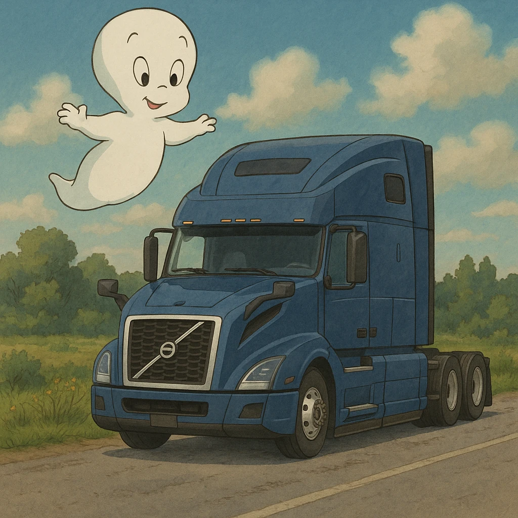 Casper the ghost floating above a 2022 Volvo sleeper semi truck, ghibli style emoji