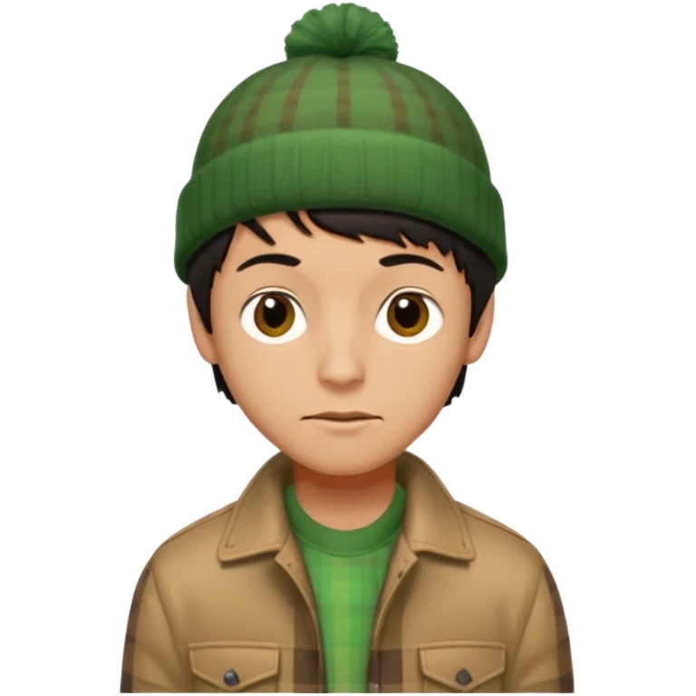 young man with longish black Beatle haircut, brown eyes, tan complexion, green beenie hat, tan jacket, checked shirt , pork chop sideburns emoji
