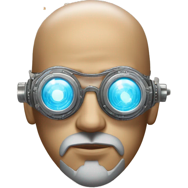 Tan bald male Latino cyborg head with grey beard, silver steampunk monocle goggles and circuits emoji