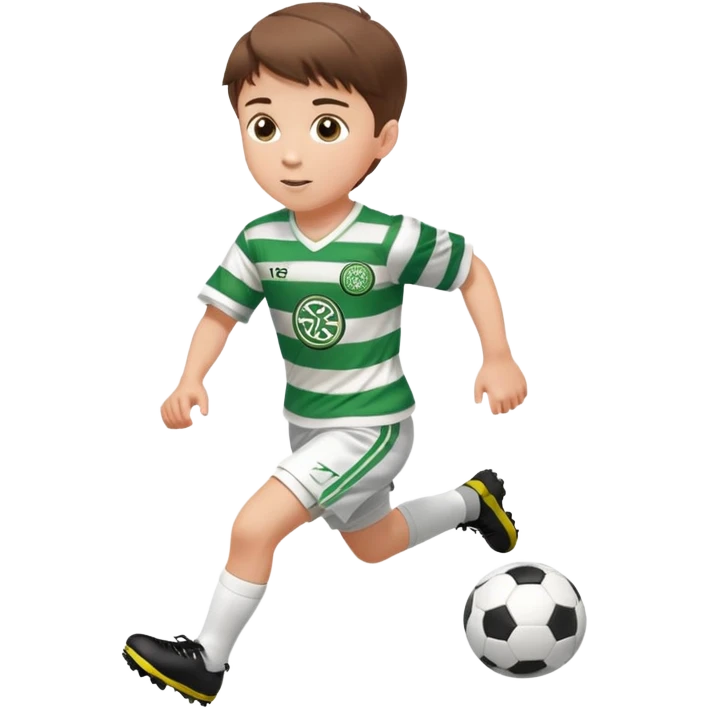 Celtic footballer jersey logo  6 years old brown hair white boy , brown eyes , stripes uniform , RUNNING  with soccer ball # 17 celtic football logo PUT ONLY ONE LOGO ONE CELTIC LOGO ONLY white shorts emoji
