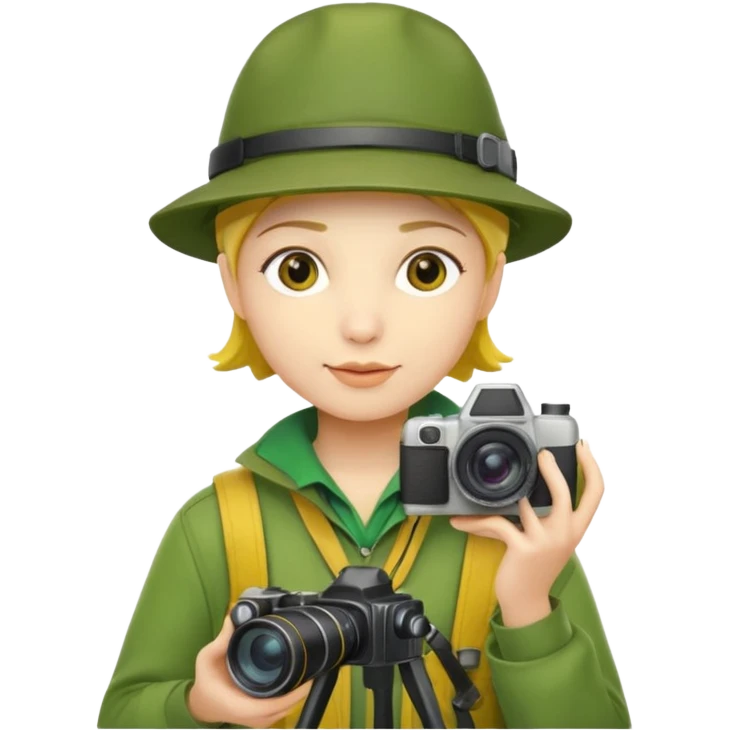 
explorer photographer, green clothes, yellow hat emoji