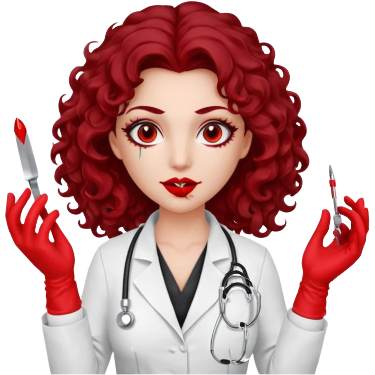 Lilith scalpel in hand, evil surgeon sexy surgeon clothes.  She has red eyes. She has dark brown long curly hair. Wears sexy doctor outfit with red gloves. Covers mouth neck and nose with red litham for Muslim woman emoji