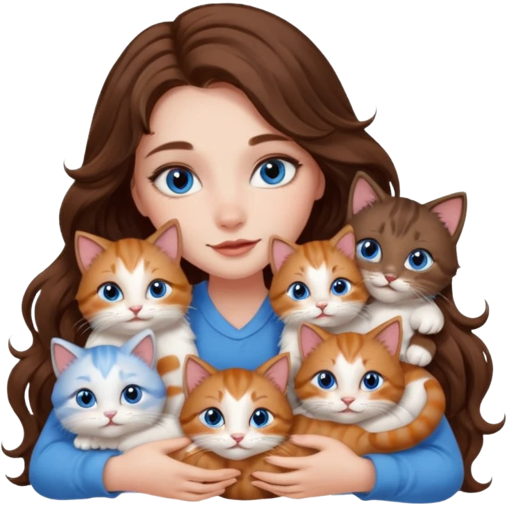 girl with long wavy brown hair, blue eyes, long lashes makeup, cuddling with 6 cute cats emoji