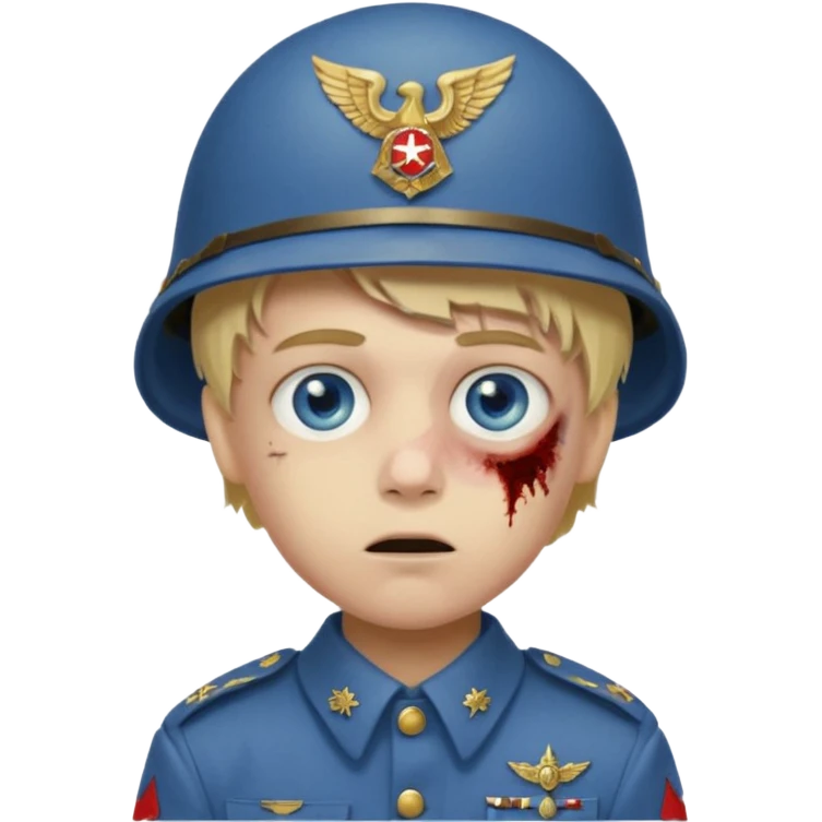 blond boy with a defined face and blue eyes, wearing a WW1 soldier helmet and uniform, zombie emoji