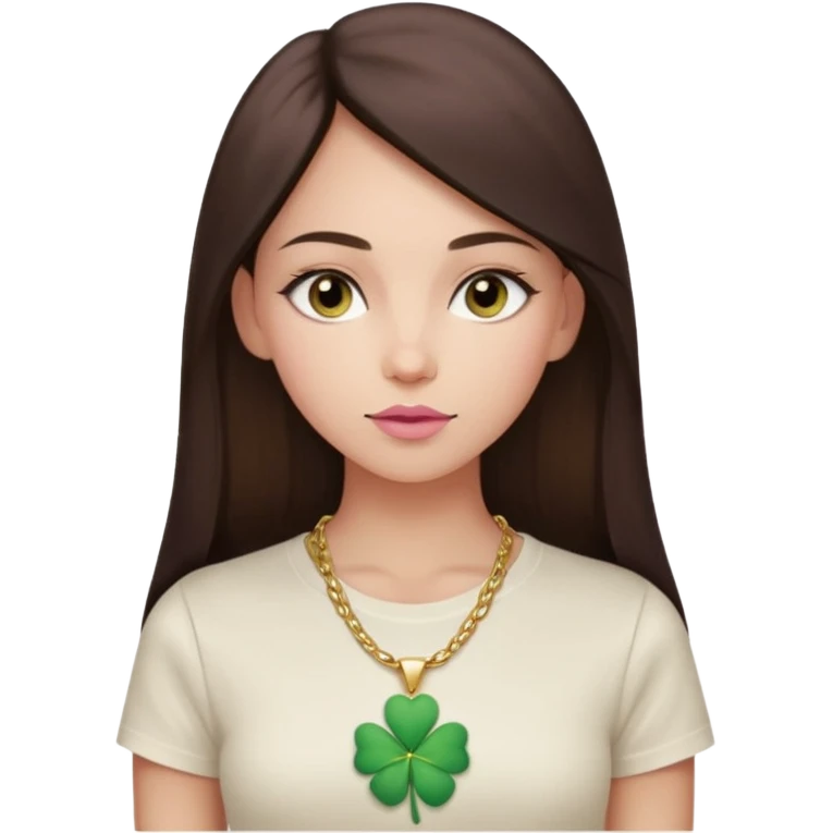 composed woman with long straight dark brown hair parted in center, smooth light skin, almond-shaped eyes, full pink lips, white fitted tee, gold four-leaf clover necklace, soft neutral gaze emoji