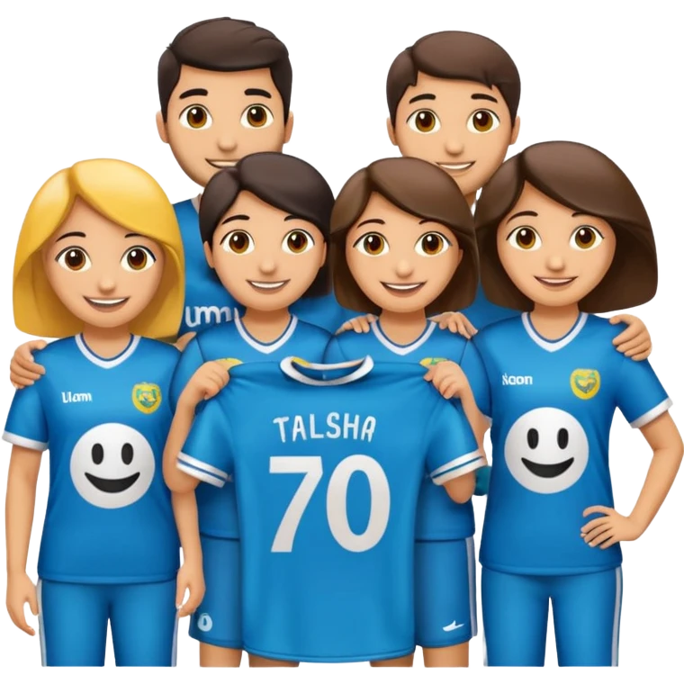 Make 5 decent characters include 4 girls and 1 boy and mentioned there names on there jersey ist husna, tuba, maleeha,alishba and boy Talha also smiley.creat a sign board and a besties off UOM and the  sign board takes by boy in his hand emoji