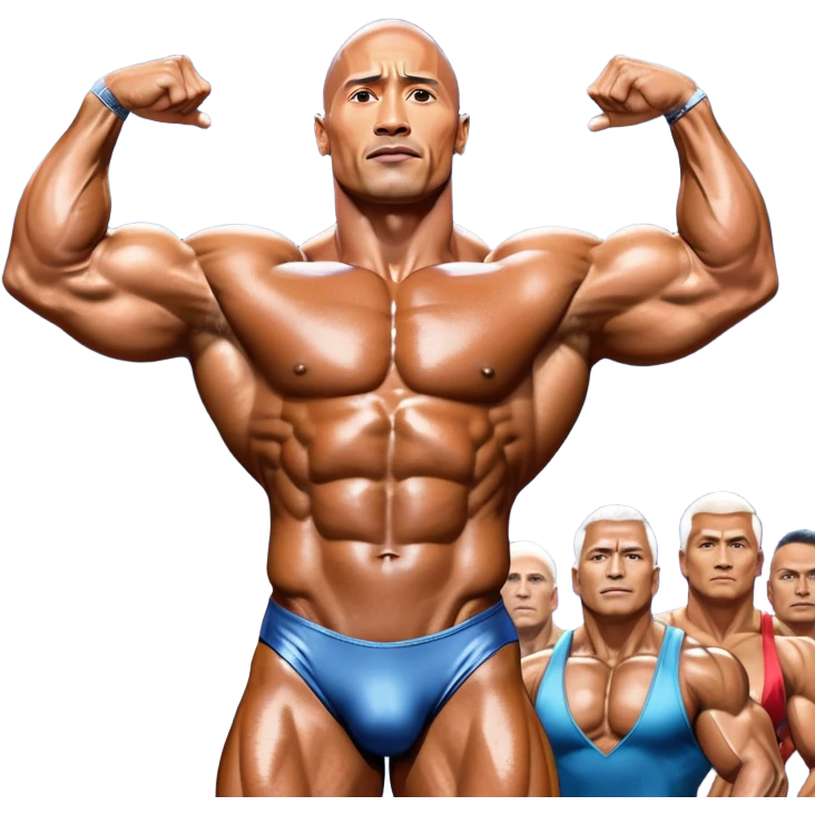 Dwayne Johnson, covered in oil, on stage at a Mr. Universe bodybuilding competition, striking a 'Side Triceps' pose. His defined muscles gleam under the bright lights, with the audience and judges in the background, capturing the intense focus and strength of the moment. Transparent background. emoji