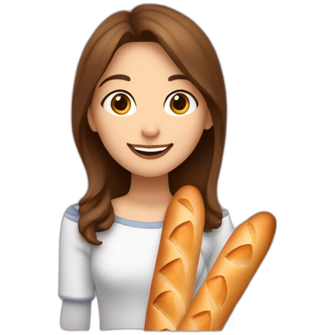 one girl with brown hair smiling and holding 4 big baguettes so we can see her face partly but baguettes are lover then her nose emoji