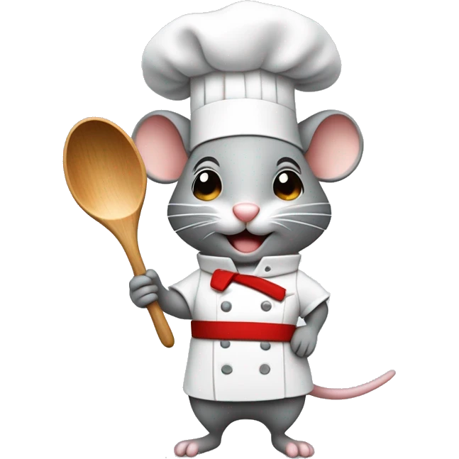 cute grey mouse wearing a chef’s hat holding a wooden spoon on one arm and a salad on the other  emoji