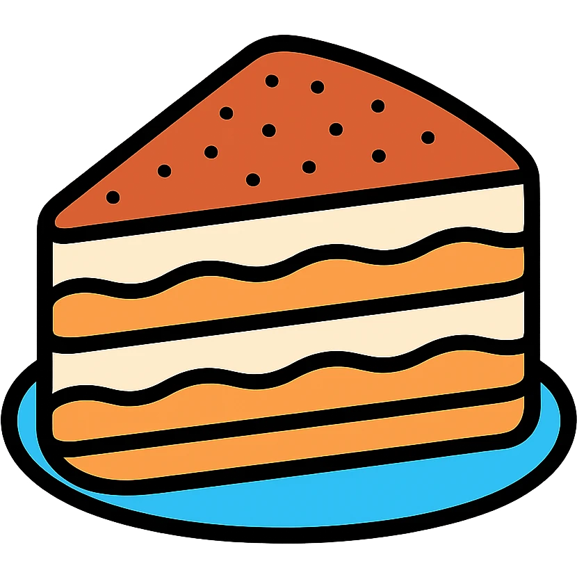 Tiramisu dessert slice with coffee-soaked ladyfingers, mascarpone cream layers, and cocoa powder on top emoji